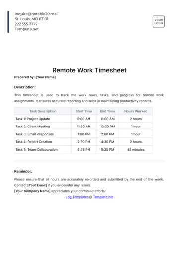 Free Remote Work Timesheet Template to Edit Online