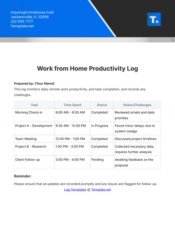 Free Work from Home Productivity Log Template to Edit Online