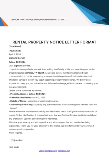 Free Rental Property Notice Letter Format Template to Edit Online