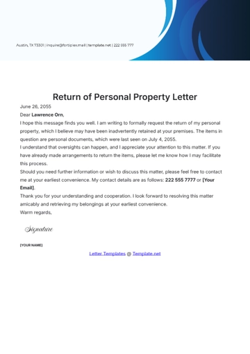Free Return of Personal Property Letter Template to Edit Online