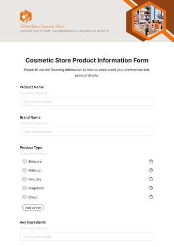 Free Cosmetic Store Product Information Form Template to Edit Online
