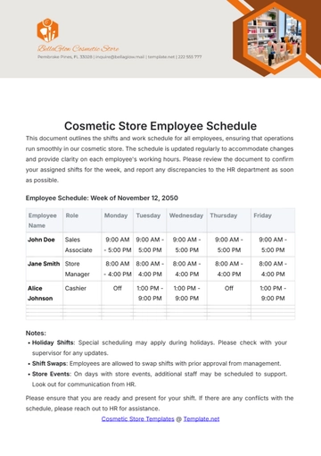 Free Cosmetic Store Employee Schedule Template to Edit Online