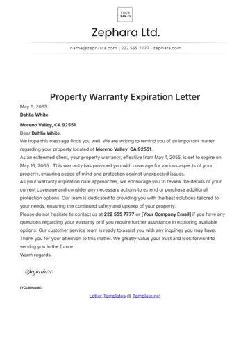 Free Property Warranty Expiration Letter Template to Edit Online