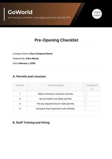 Free Pre-Opening Checklist Template to Edit Online