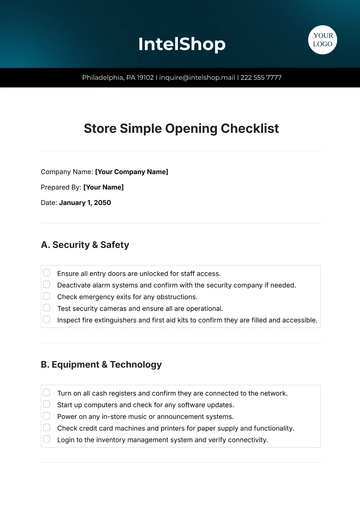 Free Store Simple Opening Checklist Template to Edit Online