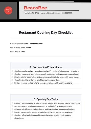 Free Restaurant Opening Day Checklist Template to Edit Online