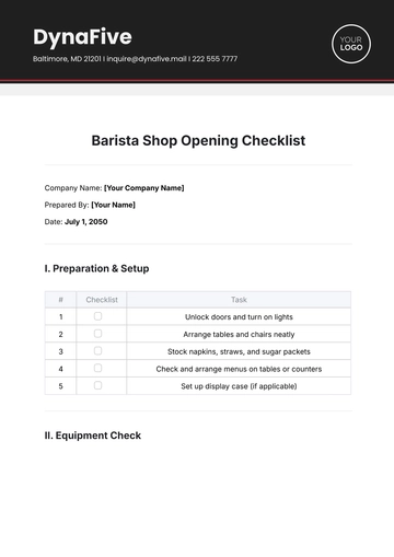 Free Barista Shop Opening Checklist Template to Edit Online