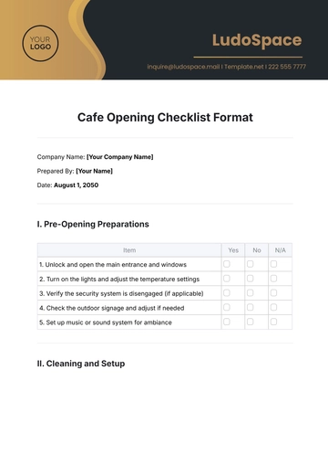 Free Cafe Opening Checklist Format Template to Edit Online