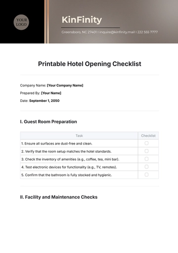 Free Printable Hotel Opening Checklist Template to Edit Online