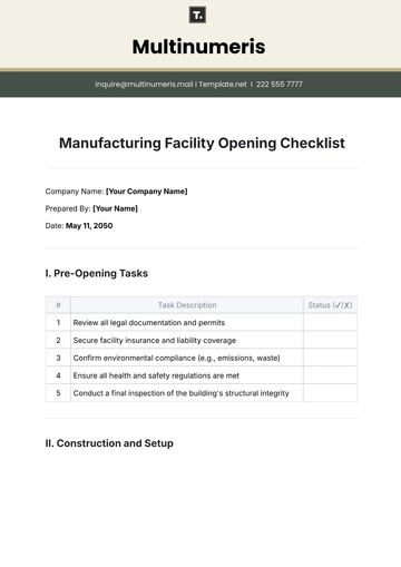 Free Manufacturing Facility Opening Checklist Template to Edit Online