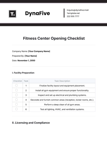 Free Fitness Center Opening Checklist Template to Edit Online