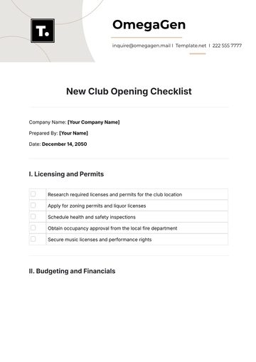 Free New Club Opening Checklist Template to Edit Online