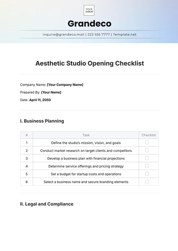 Free Aesthetic Studio Opening Checklist Template to Edit Online