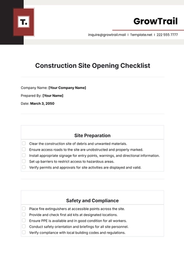 Free Construction Site Opening Checklist Template to Edit Online