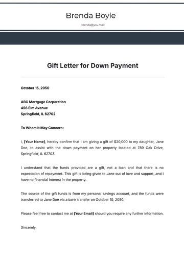 Free Gift Letter for Down Payment Template to Edit Online