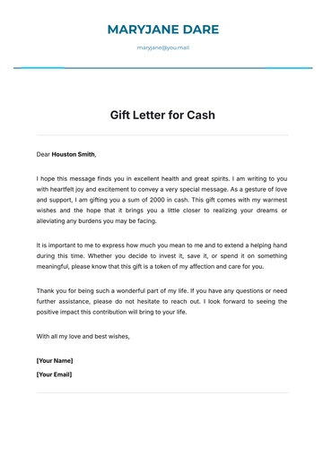 Free Gift Letter for Cash Template to Edit Online