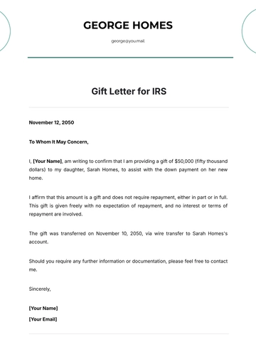 Free Gift Letter for IRS Template to Edit Online