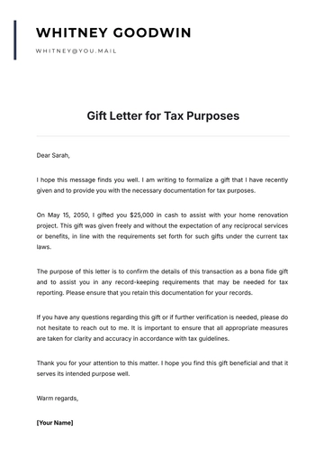 Free Gift Letter for Tax Purposes Template to Edit Online