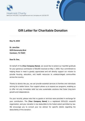 Free Gift Letter for Charitable Donation Template to Edit Online