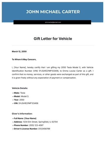 Free Gift Letter for Vehicle Template to Edit Online