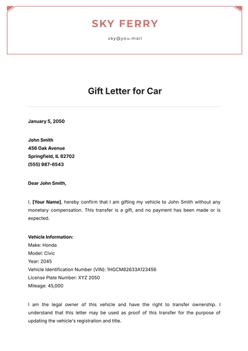 Free Gift Letter for Car Template to Edit Online