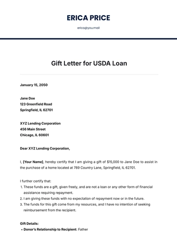 Free Gift Letter for USDA Loan Template to Edit Online