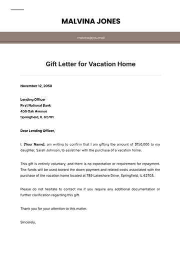 Free Gift Letter for Vacation Home Template to Edit Online
