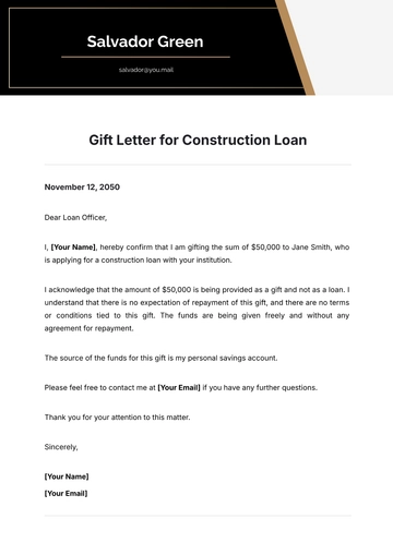 Free Gift Letter for Construction Loan Template to Edit Online