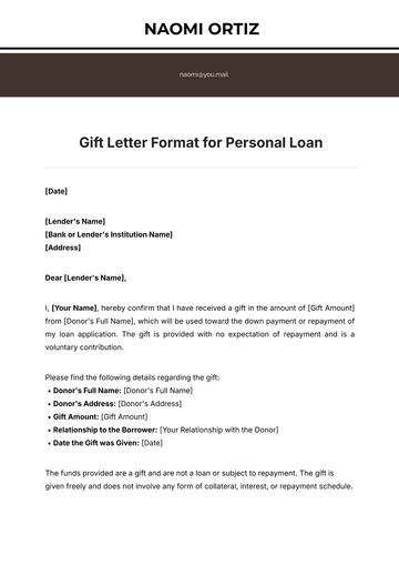 Free Gift Letter Format for Personal Loan Template to Edit Online
