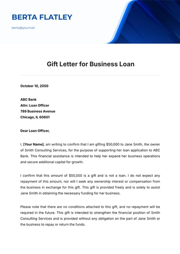 Free Gift Letter for Business Loan Template to Edit Online