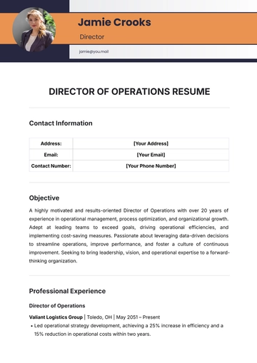 Free Director of Operations Resume Template to Edit Online
