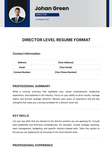 Free Director Level Resume Format Template to Edit Online