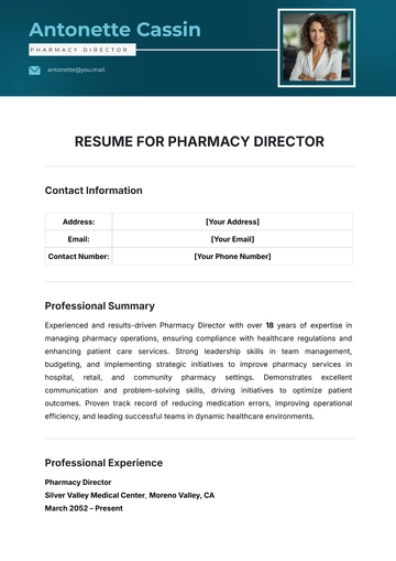 Free Resume Template for Pharmacy Director Template to Edit Online