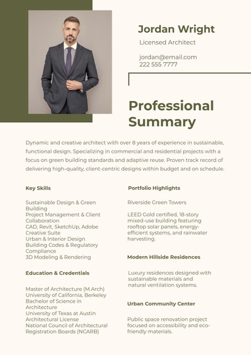 Free Architect Resume with Portfolio Template to Edit Online