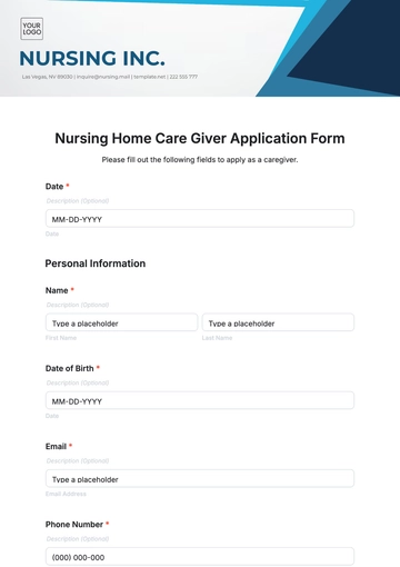 Free Nursing Home Care Giver Application Form Template to Edit Online