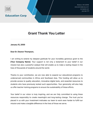 Free Grant Thank You Letter Template to Edit Online