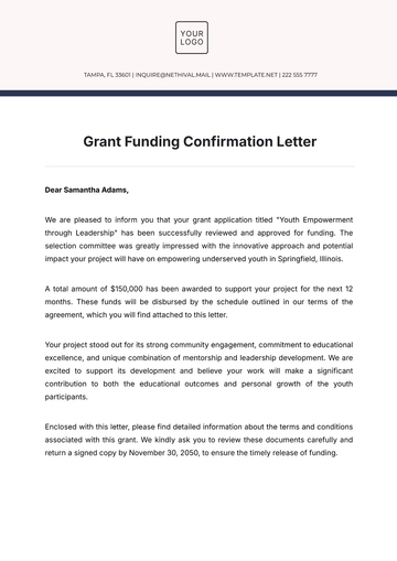 Free Grant Funding Confirmation Letter Template to Edit Online