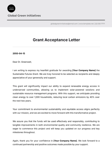 Free Grant Acceptance Letter Template to Edit Online