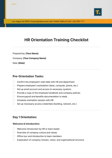 Free HR Orientation Training Checklist Template to Edit Online