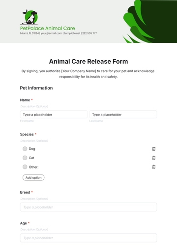 Free Animal Care Release Form Template to Edit Online