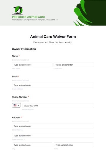 Free Animal Care Waiver Form Template to Edit Online