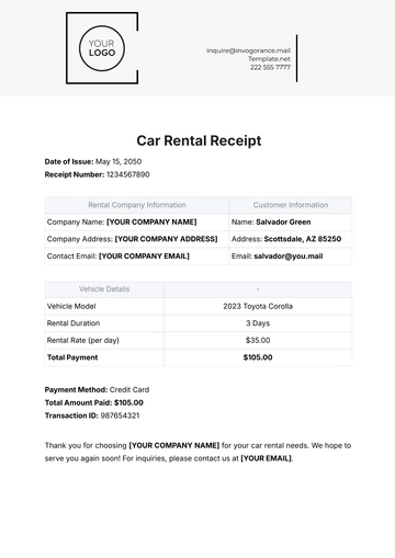 Free Car Rental Receipt Template to Edit Online