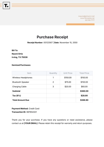 Free Purchase Receipt Template to Edit Online