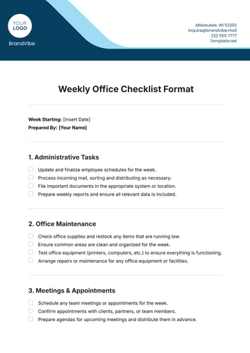 Free Weekly Office Checklist Format Template to Edit Online