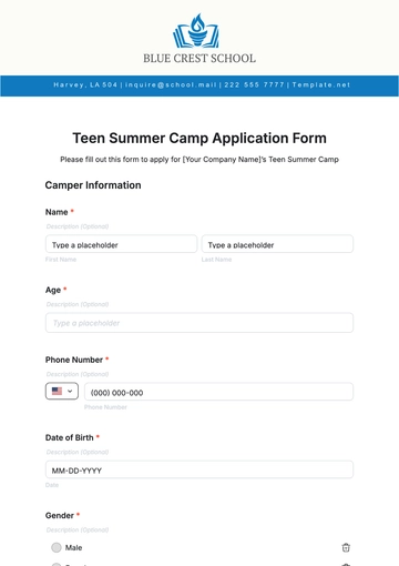 Free Teen Summer Camp Application Form Template to Edit Online