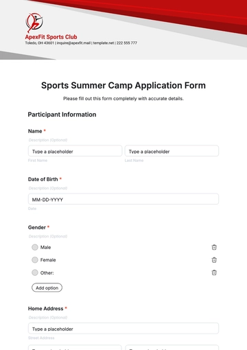 Free Sports Summer Camp Application Form Template to Edit Online