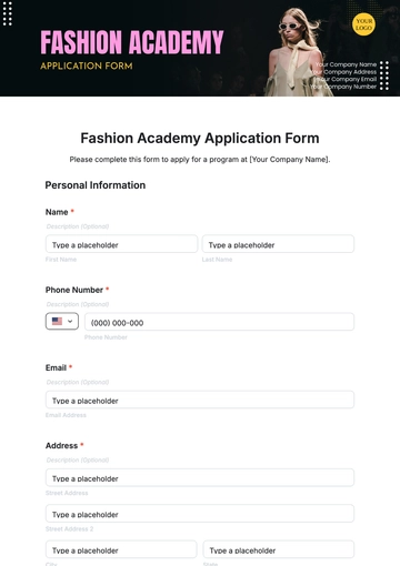 Free Fashion Academy Application Form Template to Edit Online