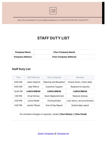 Free Staff Duty List Template to Edit Online