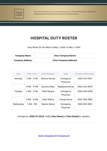 Free Hospital Duty Roster Template to Edit Online