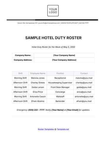 Free Sample Hotel Duty Roster Template to Edit Online